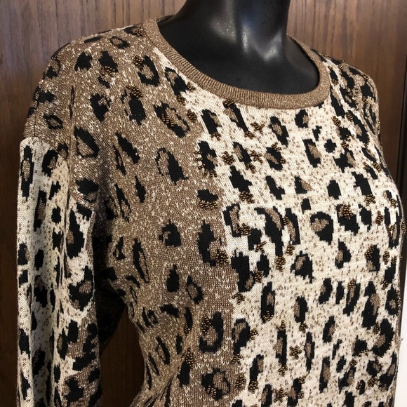 Vintage Leopard Print Metallic Beaded Sweater Lisa Originals Large - Picture 1 of 15
